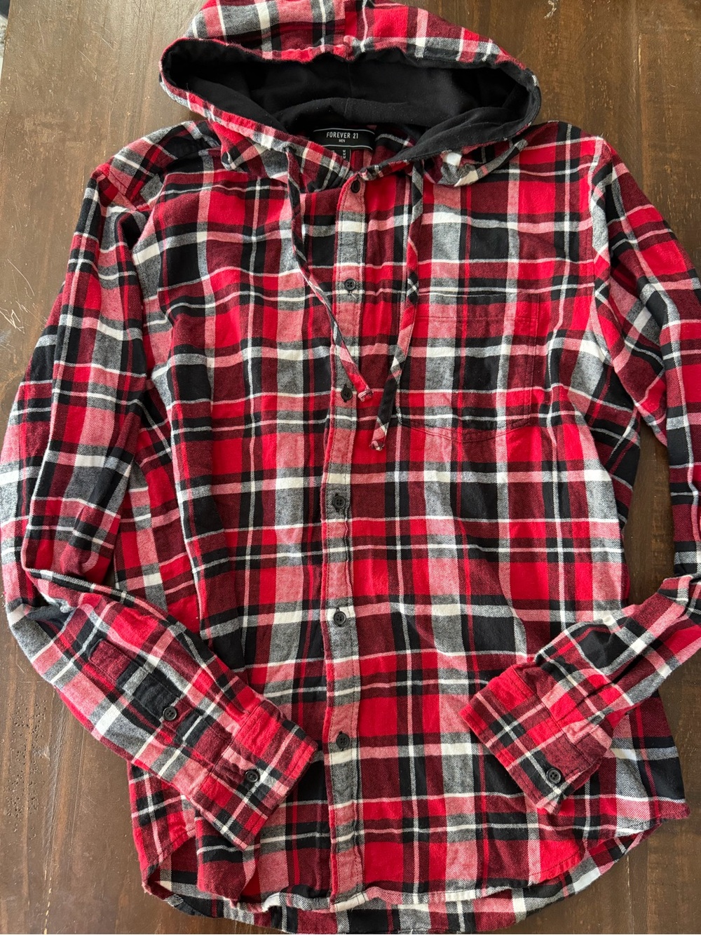 Forever 21 Red Black Plaid Hooded Flannel Button-Up Shirt - M